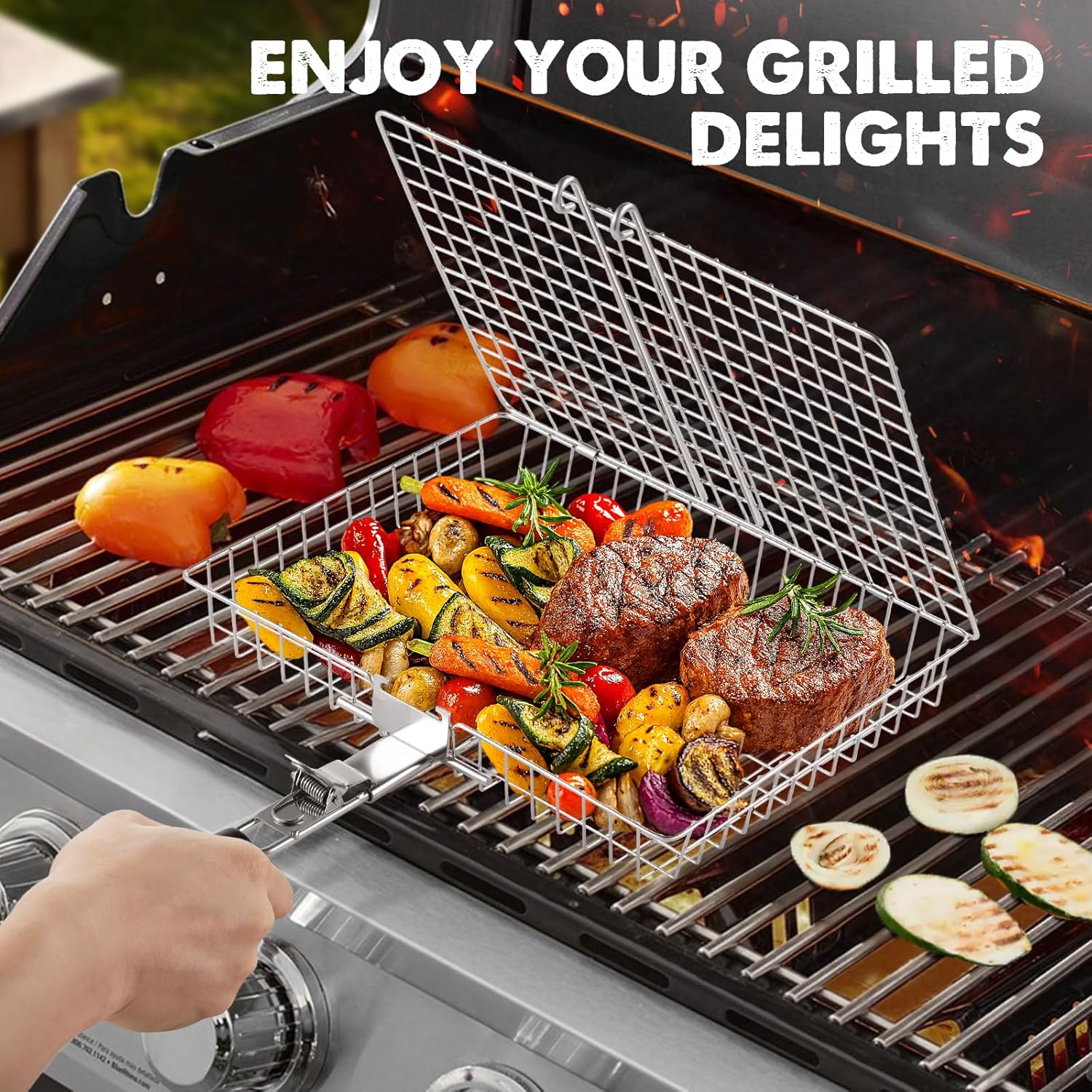 Grill Basket Set, 2Pcs BBQ Grilling Baskets for Outdoor Grill with Removable Handle, Stainless Steel Camping Cooking Grill Accessories for Chicken, Fish, Vegetable, Steak Etc