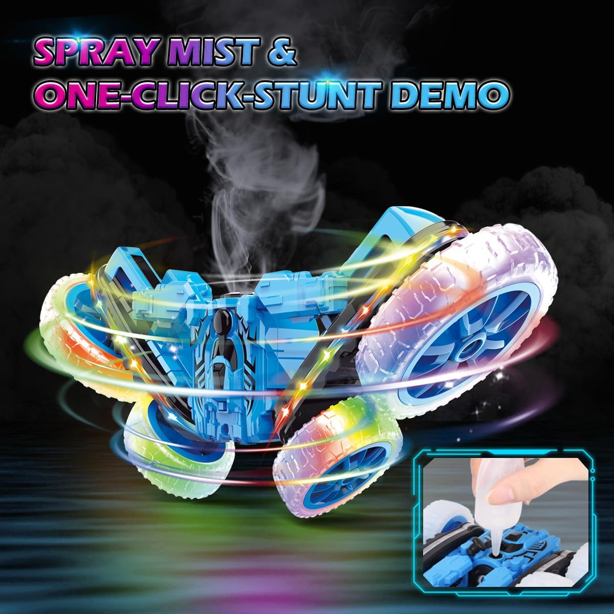 Kaekid Remote Control Car, RC Stunt Toys with LED Lights & Cool Spray, Double-Sided 360&deg; Rotating 4WD High Speed Off-Road Car, Indoor/Outdoor Toy RC Drift for 6 7 8 9 10 11 12 Year Old Boy (Blue) image number 3