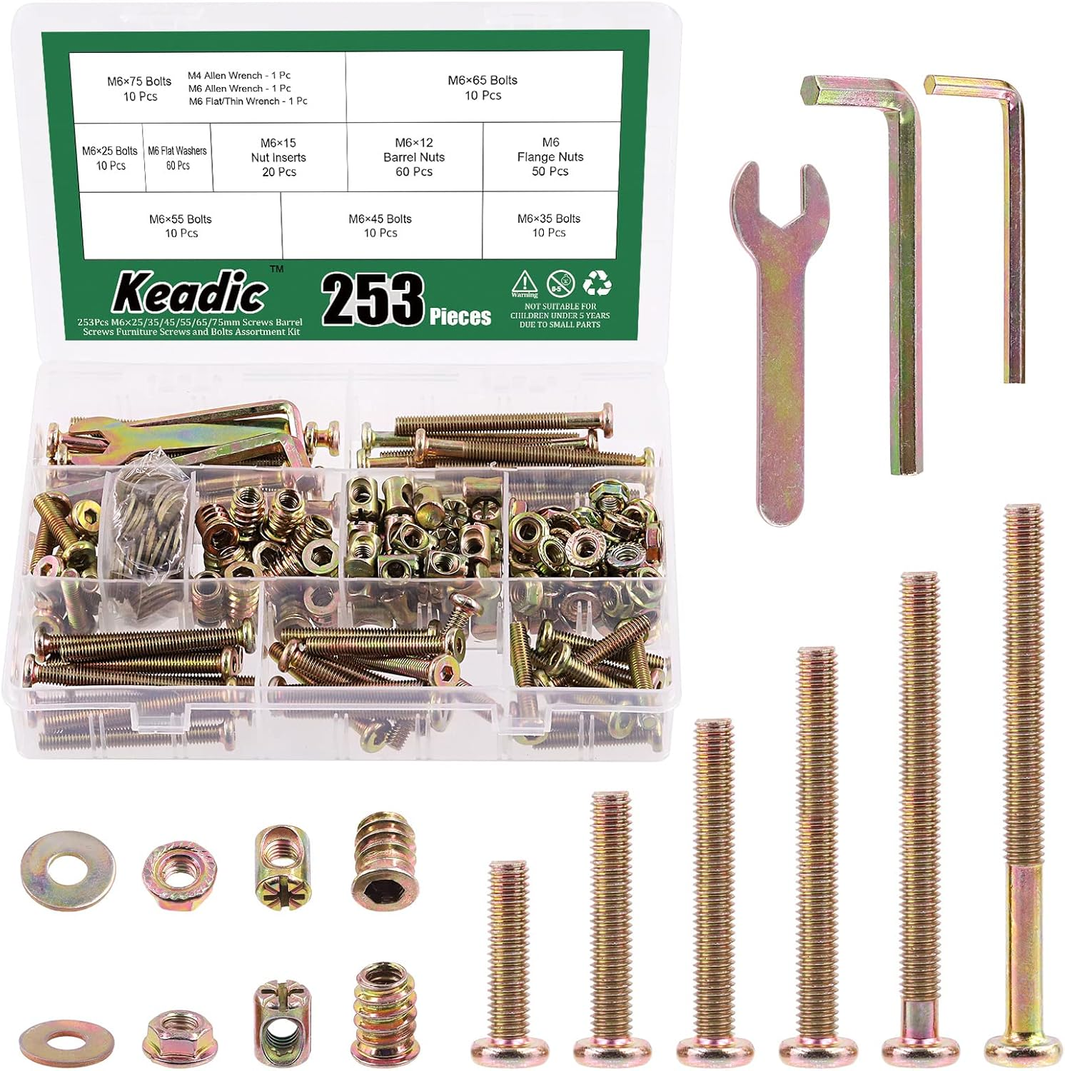 Keadic 253 Pcs M6 X25/35/45/55/65/75Mm Zinc Plated Hex Socket Head Cap Bolts Barrel Nuts Flat Washers with Tools, M6 Crib Hardware Screws Assortment Kit for Chairs Bed Cot Furniture (25-75Mm) image number 1