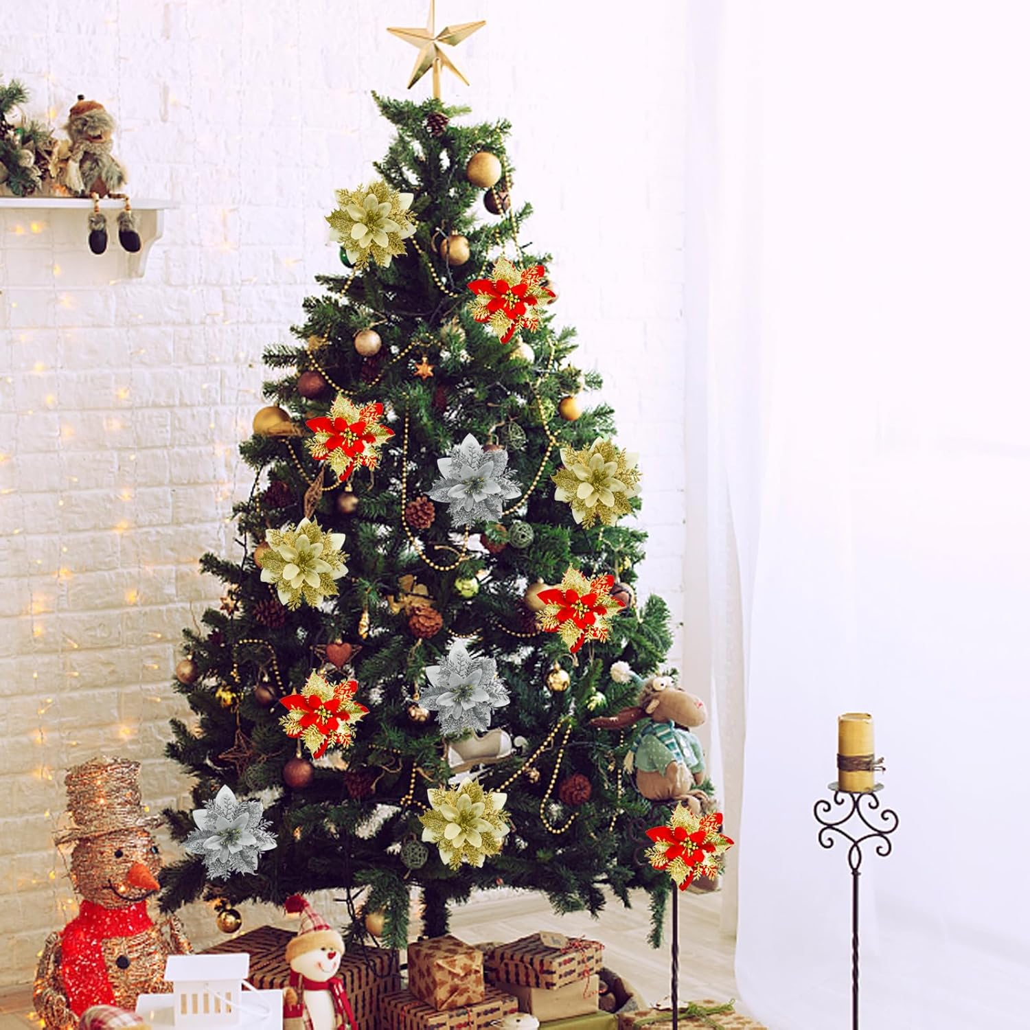 24PCS Glitter Poinsettia 5.1" Artificial Christmas Flowers with Clips Stems Fake Flowers for DIY Wreath Garland Xmas Tree New Year Wedding Party Ornament (Mix Color)