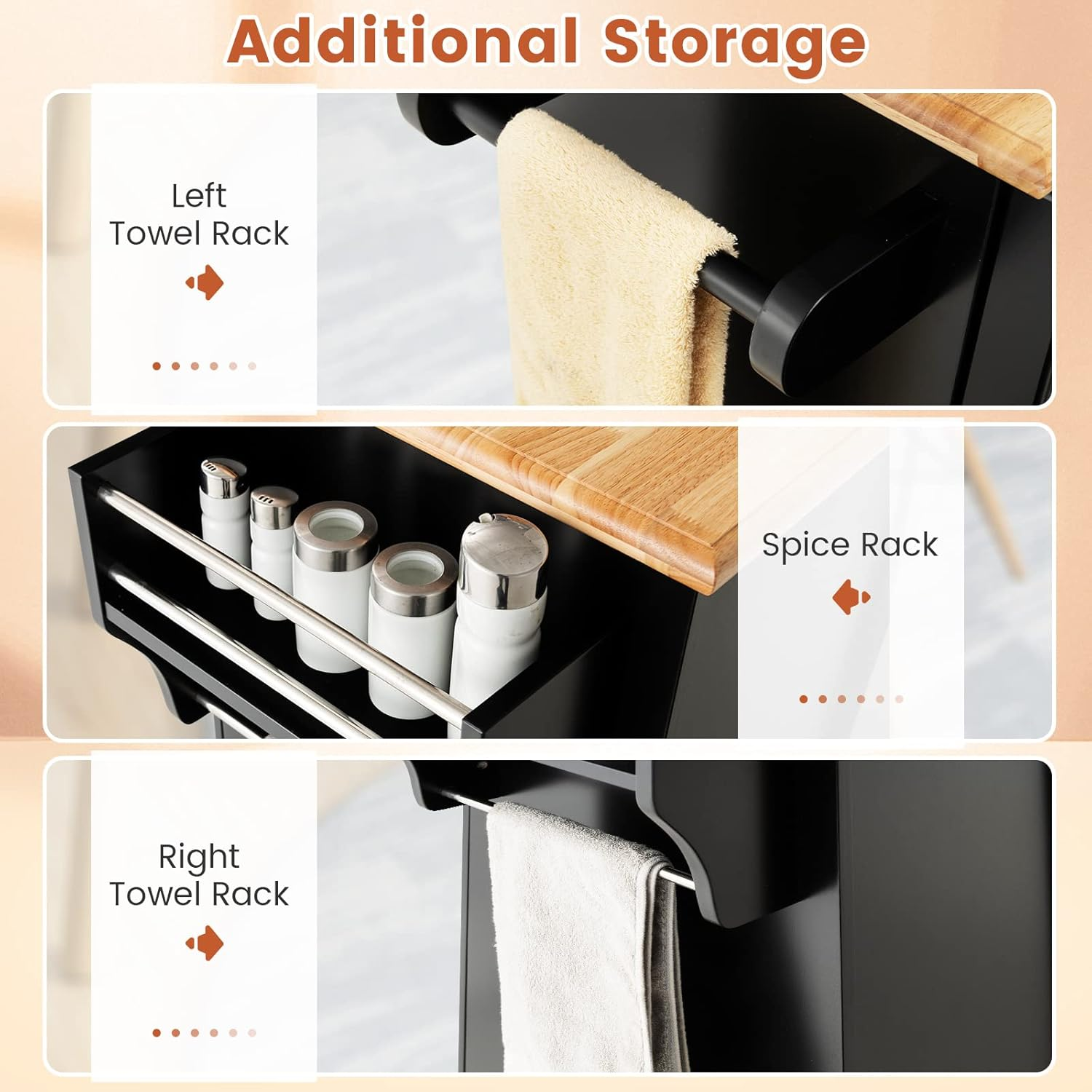 Costway Large Mobile Kitchen Island Cart, Kitchen Island on Hidden Wheels, Rubber Wood Countertop, 3 Deep Drawers, 2 Enclosed Cabinets with Adjustable Shelves, Side Towel Bar & Spice Rack (Black) image number 4