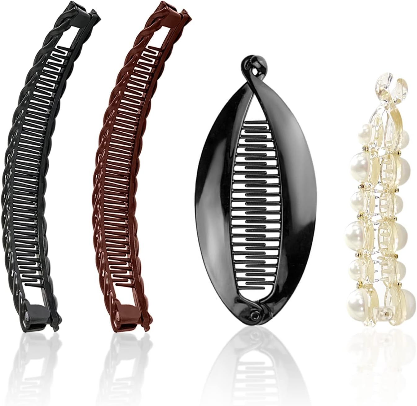 4 Pcs Banana Hair Clips, Double Combs Fishtail Pearl Hair Clip Hair Accessories, Retro Plastic Comb Grips Hair Comb Clips, DIY Hairstyles, for Thick Fluffy Hair, Curly Hair. image number 1