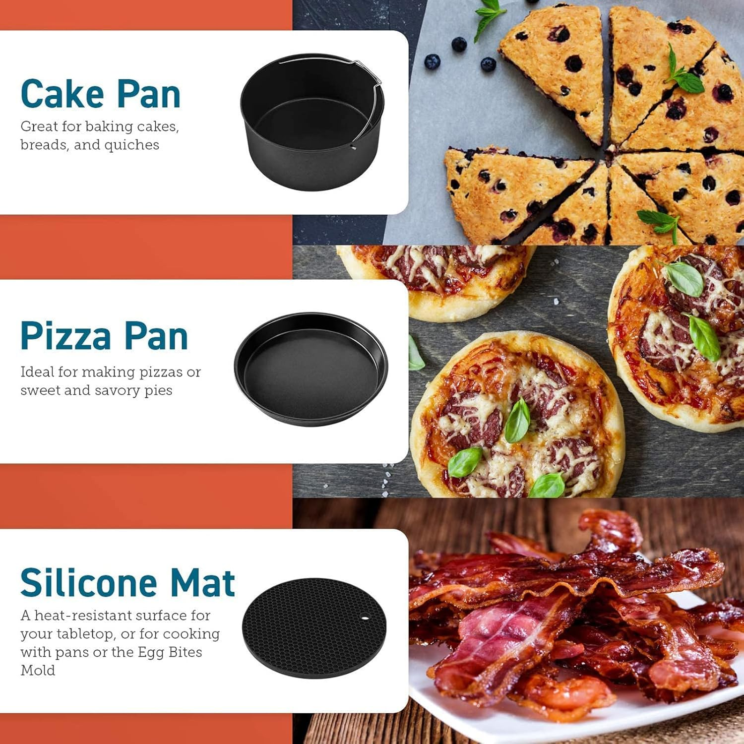 COSORI Air Fryer Accessories Set, Fit All of Brands 5.5 L, Pack of 6 Including Cake Pan/Pizza Pan/Metal Holder/Multi-Purpose Rack with Skewers/Silicone Mat/Egg Bites Mold with Lid image number 5