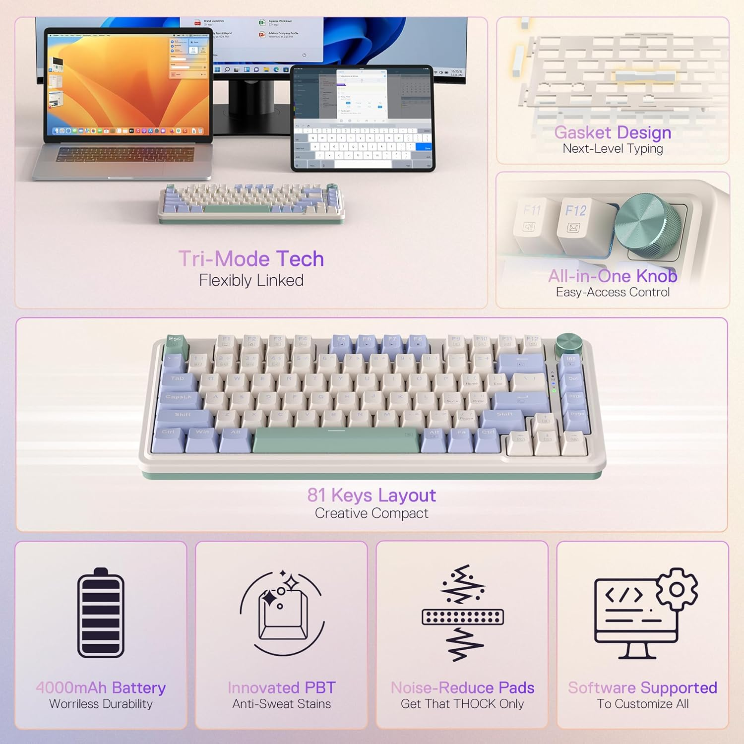 Redragon K673 PRO 75% Wireless Gasket RGB Gaming Keyboard, 3-Modes 81 Keys Compact Mechanical Keyboard W/Hot-Swap Socket, Dedicated Knob Control & Sound Absorbing Pads, Linear Red Switch image number 4