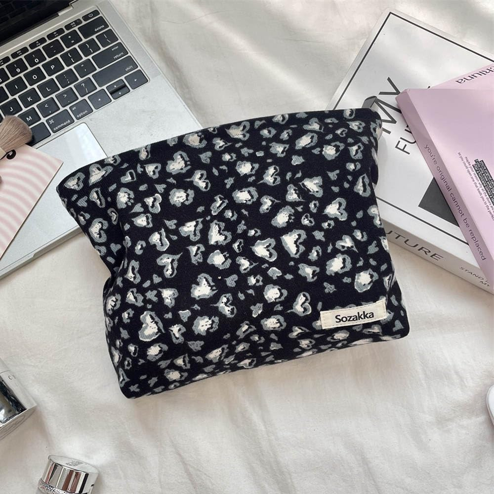Tcdwla Cosmetic Bag, Pack of 2 Make-Up Bag, Toiletry Bag, Corduroy Small Women, Pencil Pouch, Aesthetic School Stuff for School, Travel, Business, Shopping, Hiking, Black 2, Leopard Tattoo image number 5