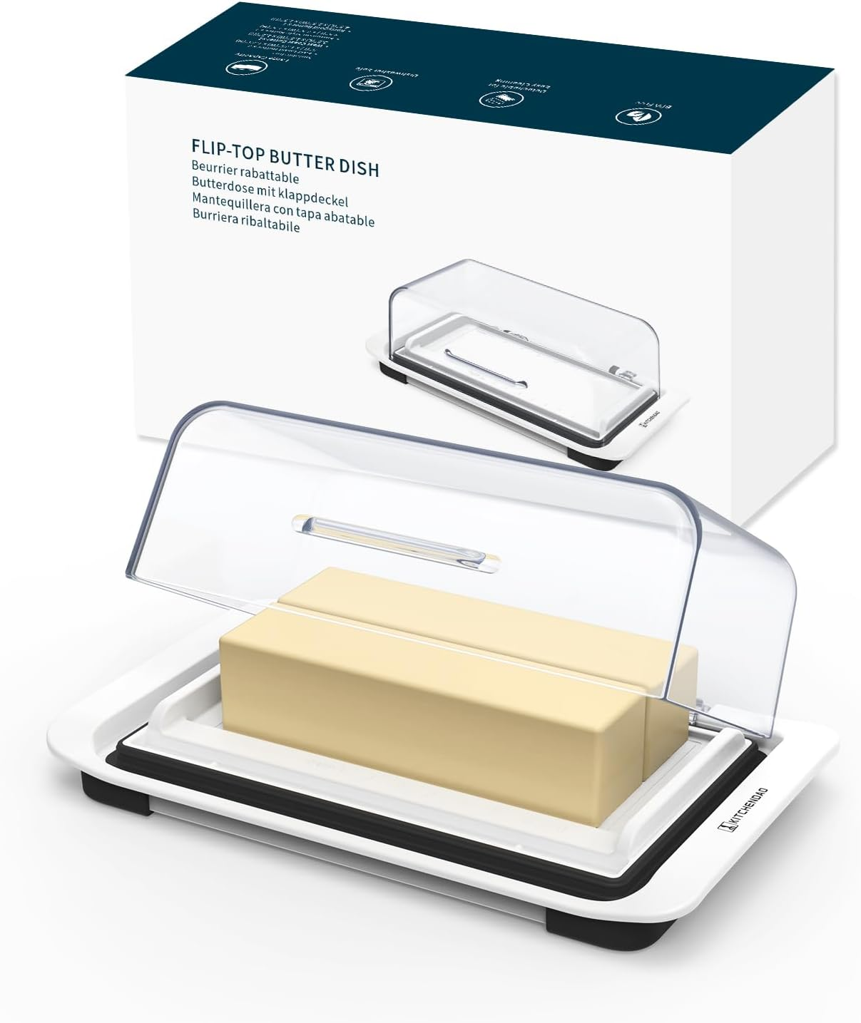 KITCHENDAO Airtight Flip-Top Butter Dish with Lid for Countertop and Refrigerator, Butter Keeper, Plastic Butter Holder Tray for 2 Sticks East Coast/West Coast/European Style/Kerrygold Butter image number 1
