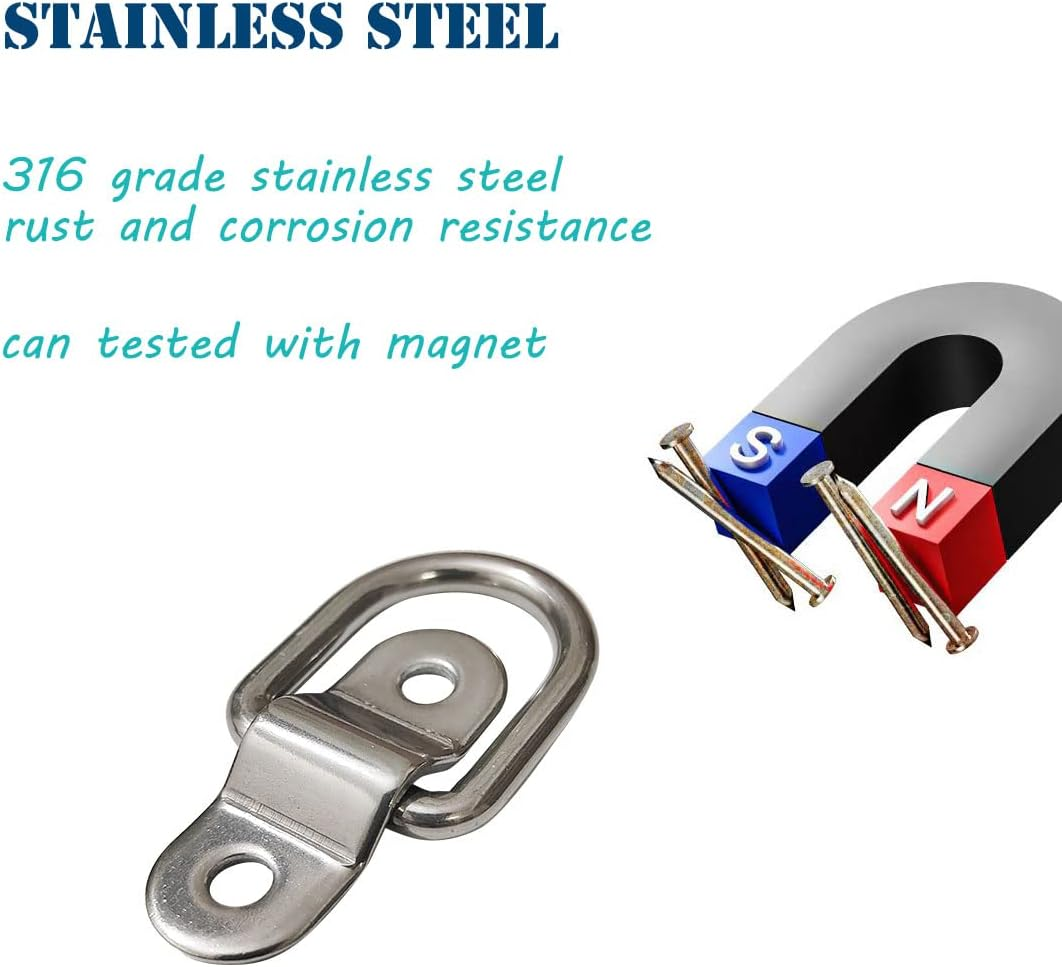 12X D-Ring Tie down Anchor, 1/4'' Stainless Steel Cargo Tie down Rings, Car Trailer Tie Downs for Truck Bed Tie down Hooks, Car Tie Downs Heavy Duty Tie-Down Anchors Kayak Canoe Boat Bike Tie Downs image number 3