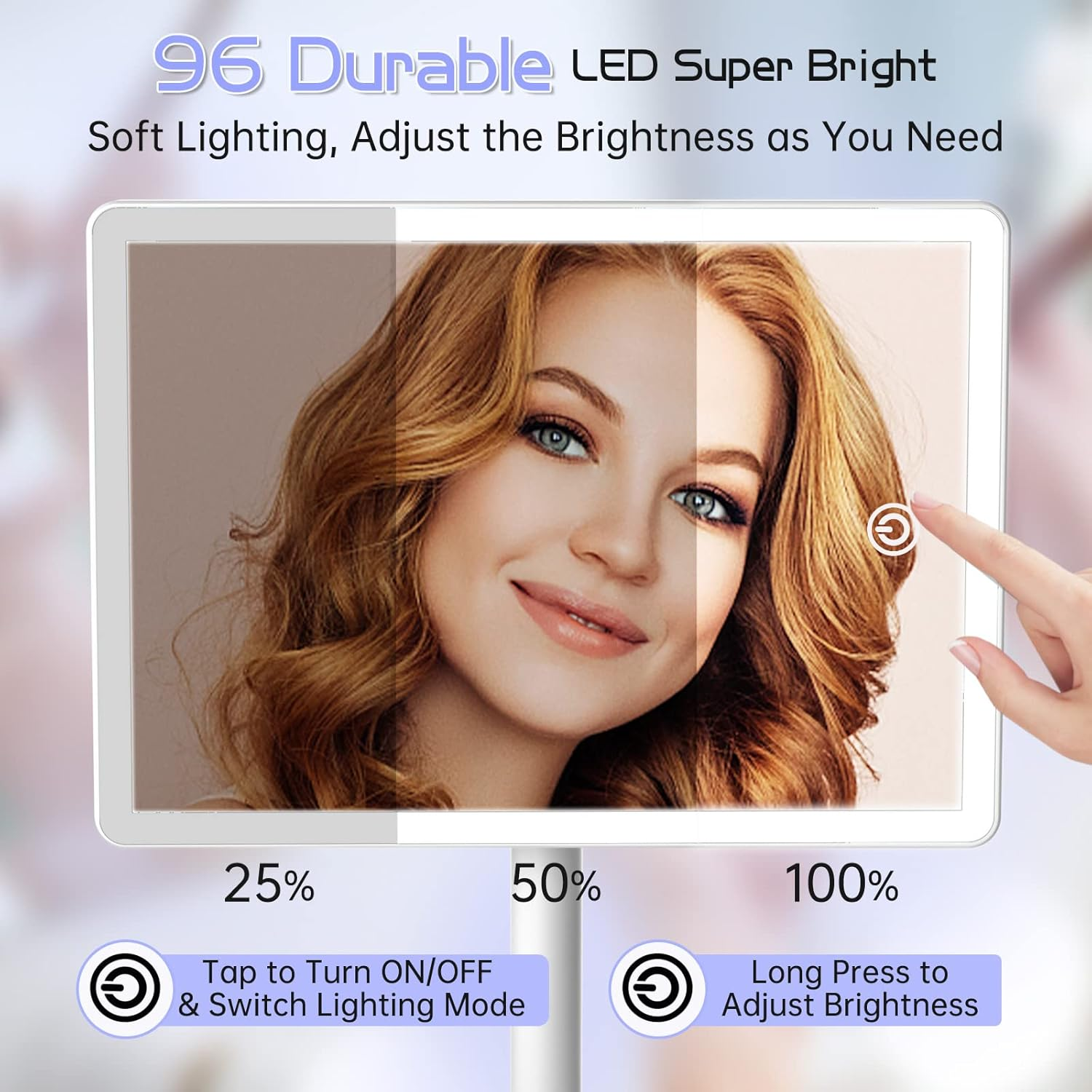 FUNTOUCH Rechargeable Makeup Vanity Mirror with Lights, Large Lighted Desk Makeup Mirror with 96 LED Lights and 10X Magnifying Mirror, 3 Color Lighting, Light up Make up Mirror with Phone Holder image number 5