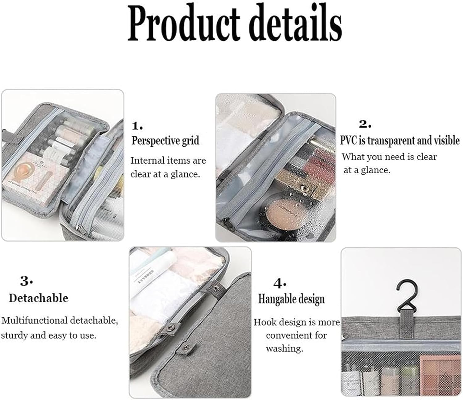 Hanging Travel Toiletry Bag for Women & Men, 4-Fold Waterproof Travel Makeup Bag with PVC Compartments, Large Capacity Cosmetic Wash Bag for Vacation Business Travel (Grey)