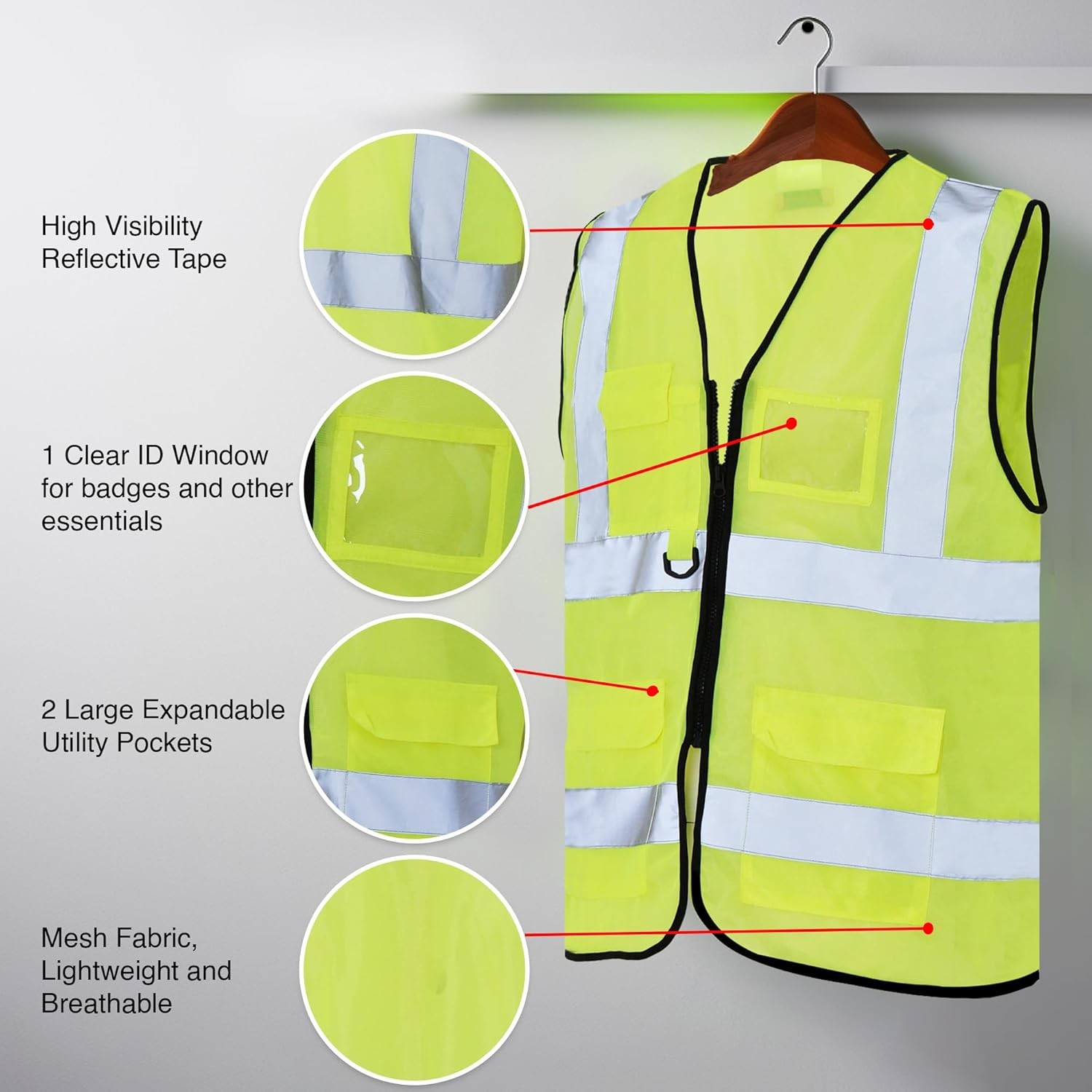 High Visibility Vest Reflective Strip Front & Back 3 Pockets 1 ID Window Ideal for Construction, Security and Industrial Work image number 4