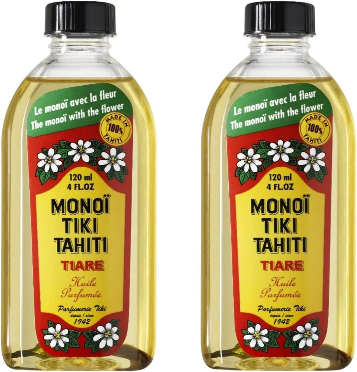 Monoi Tiare Tahiti Tiare Gardenia Coconut Oil (Pack of 2), Scented with Fresh Handpicked Tiare Flowers, 100% Made in Tahiti, 4 Fl. Oz.