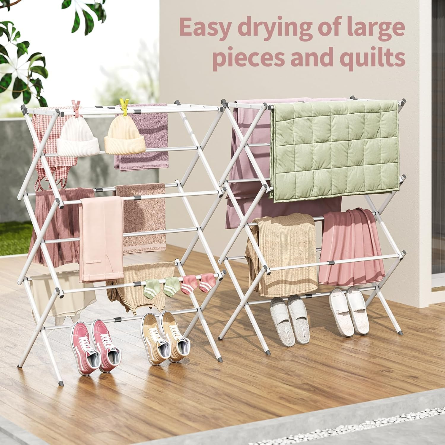 Misenfar 3-Tier Laundry Drying Rack, Expandable Metal Clothes Dryer, Collapsible Towel Rack, Air Drying Rack, Indoor/Outdoor Use (White) image number 1