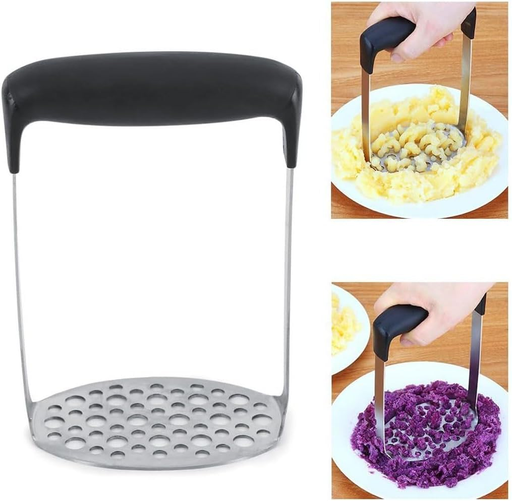 Potato Masher, Heavy Duty Mashed Potatoes Mental Masher, Stainless Steel Professional Fine Plate for Smooth Mashed Potatoes, Soft Grip and Non-Slip Handle, Black ﻿ image number 5