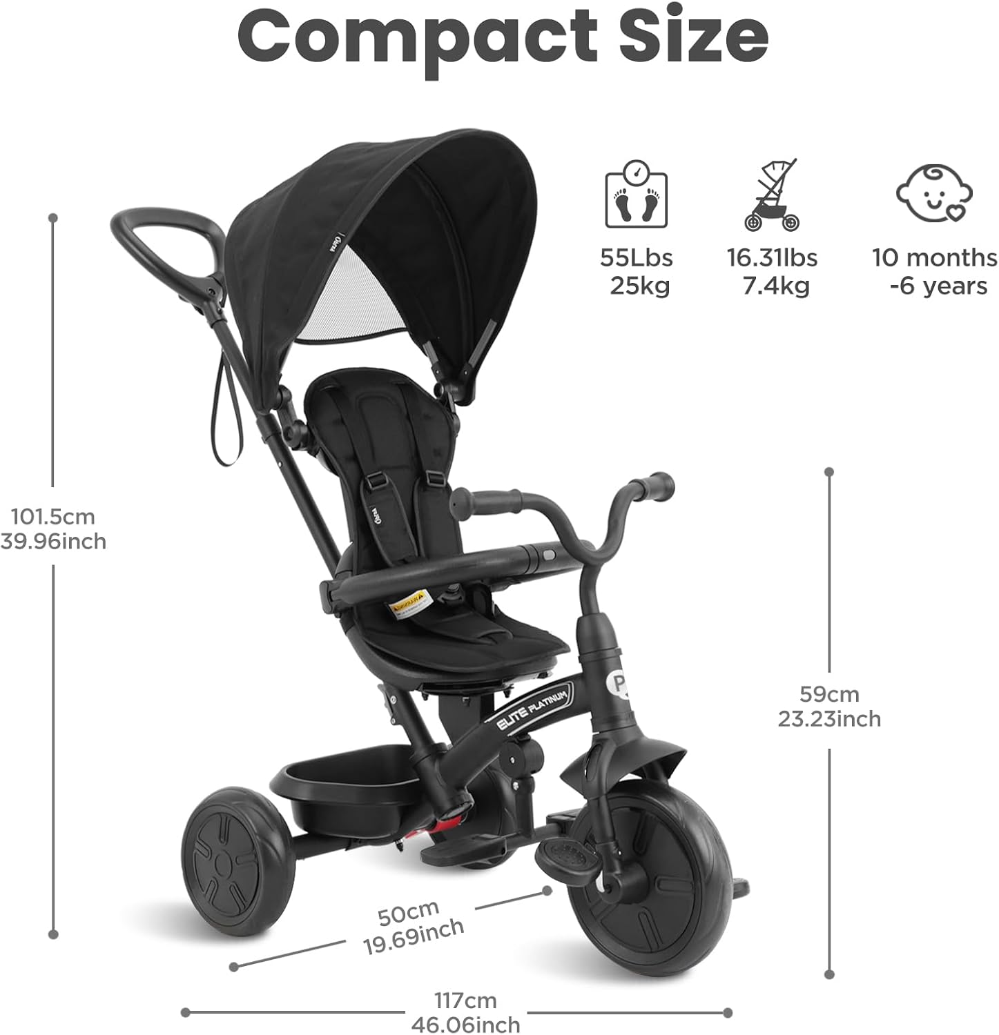 6 in 1 Baby Tricycle Ages 10 Months - 6 Years, Toddler Tricycle Stroller with Adjustable Parent Handle,Safety Harness & Wheel Brakes,Removable Canopy, Kids Trike Bike Gifts for Boys & Girls image number 3