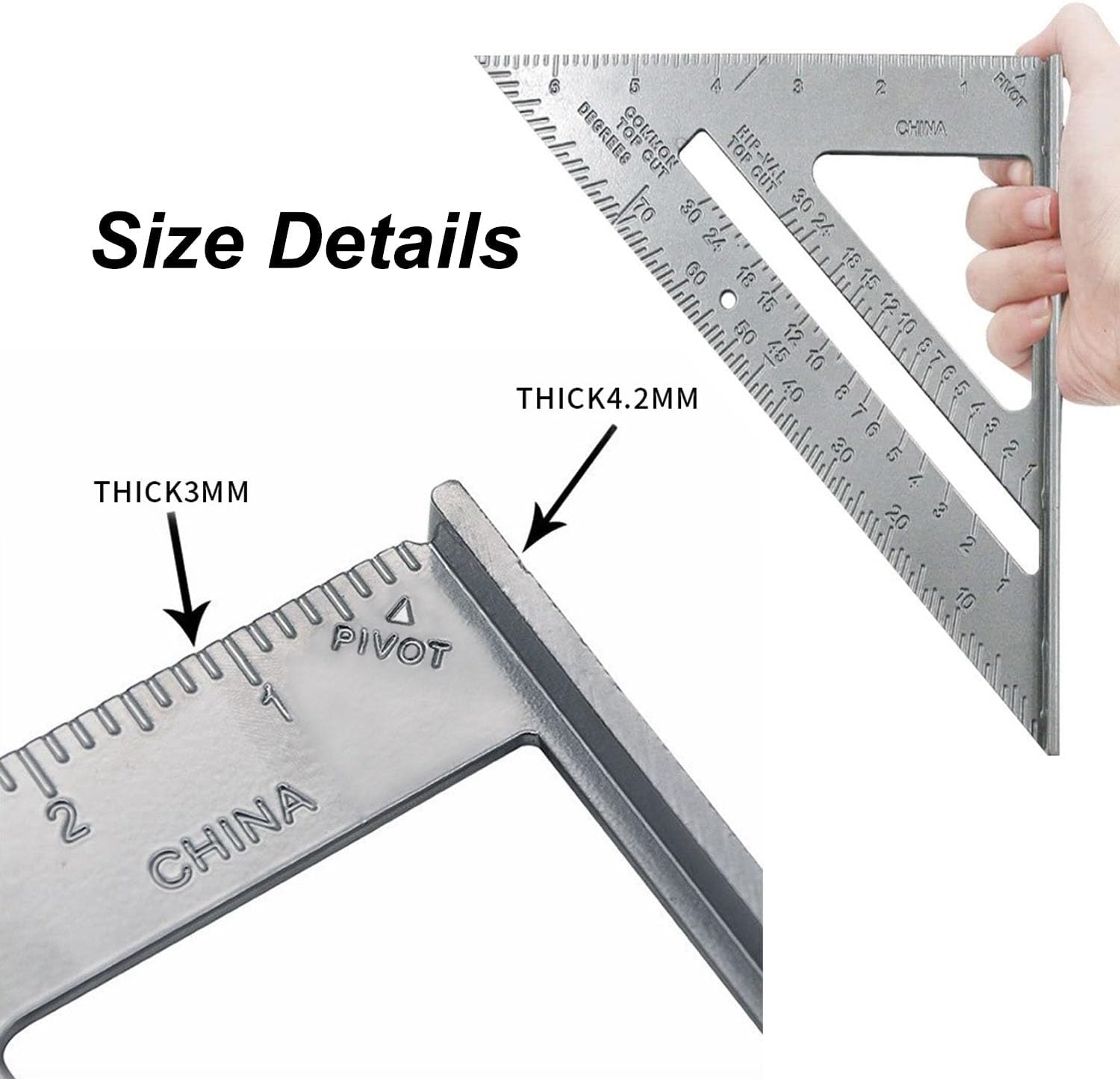 7" Triangle Ruler Protractor Measuring Tool, Aluminum Square Carpenter Layout Angle Ruler Tool for Woodworking and Carpentry
