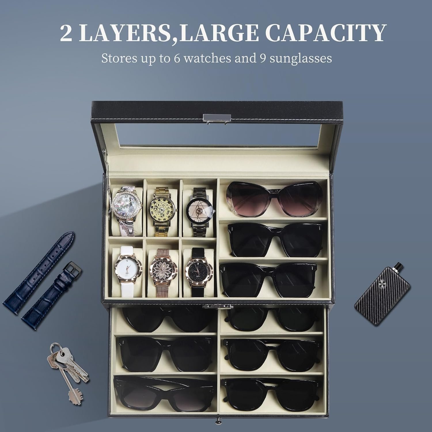 AUTOARK Leather 6 Watch Box Jewelry Case and 9 Piece Eyeglasses Storage and Sunglass Glasses Display Drawer Lockable Case Organizer,Black,Aw-048 image number 3