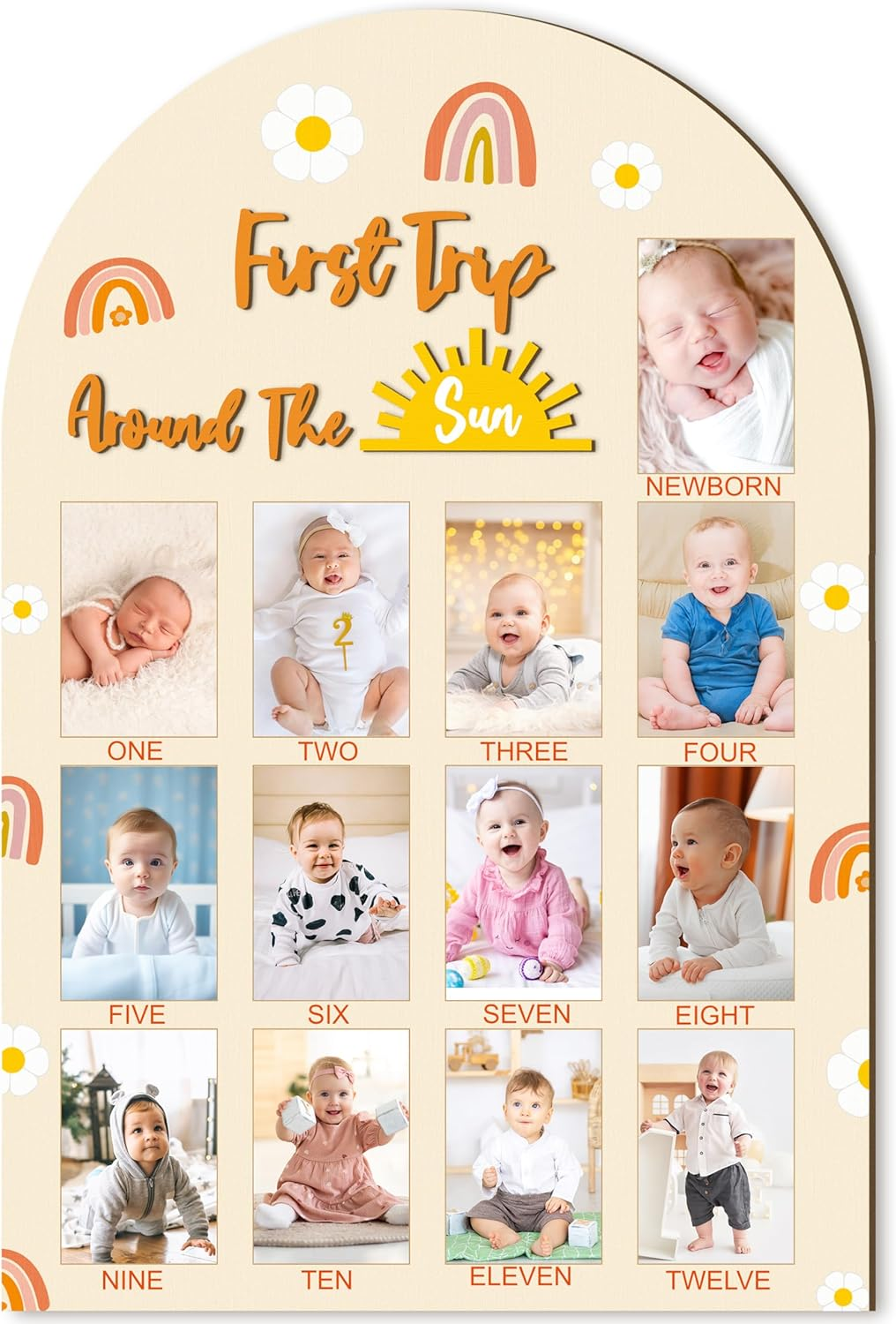R HORSE My First Year Photo Frame Board, 3D Boho Sun Rainbow Display Wood Board, Baby&rsquo;S 1St Year Picture Frame, 12 Months Milestone One Year Old Birthday Decoration, Baby Keepsake Gift for Boy Girl image number 5