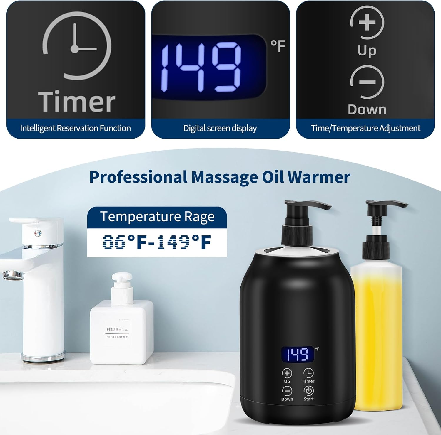 Massage Oil Warmer, Yofuly Electric Massage Oil Digital Heater with Two Oil Bottles, Portable Body Lotion Warmer Cream Heated Dispenser for SPA, Salon and Home Use, Black image number 2