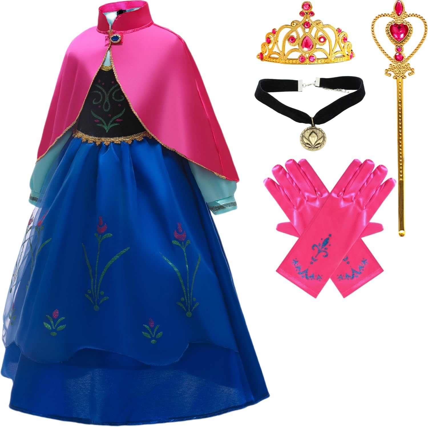 Princess Dress up Girls Halloween Cosplay Costume Anna Dress Long Sleeve with Cape