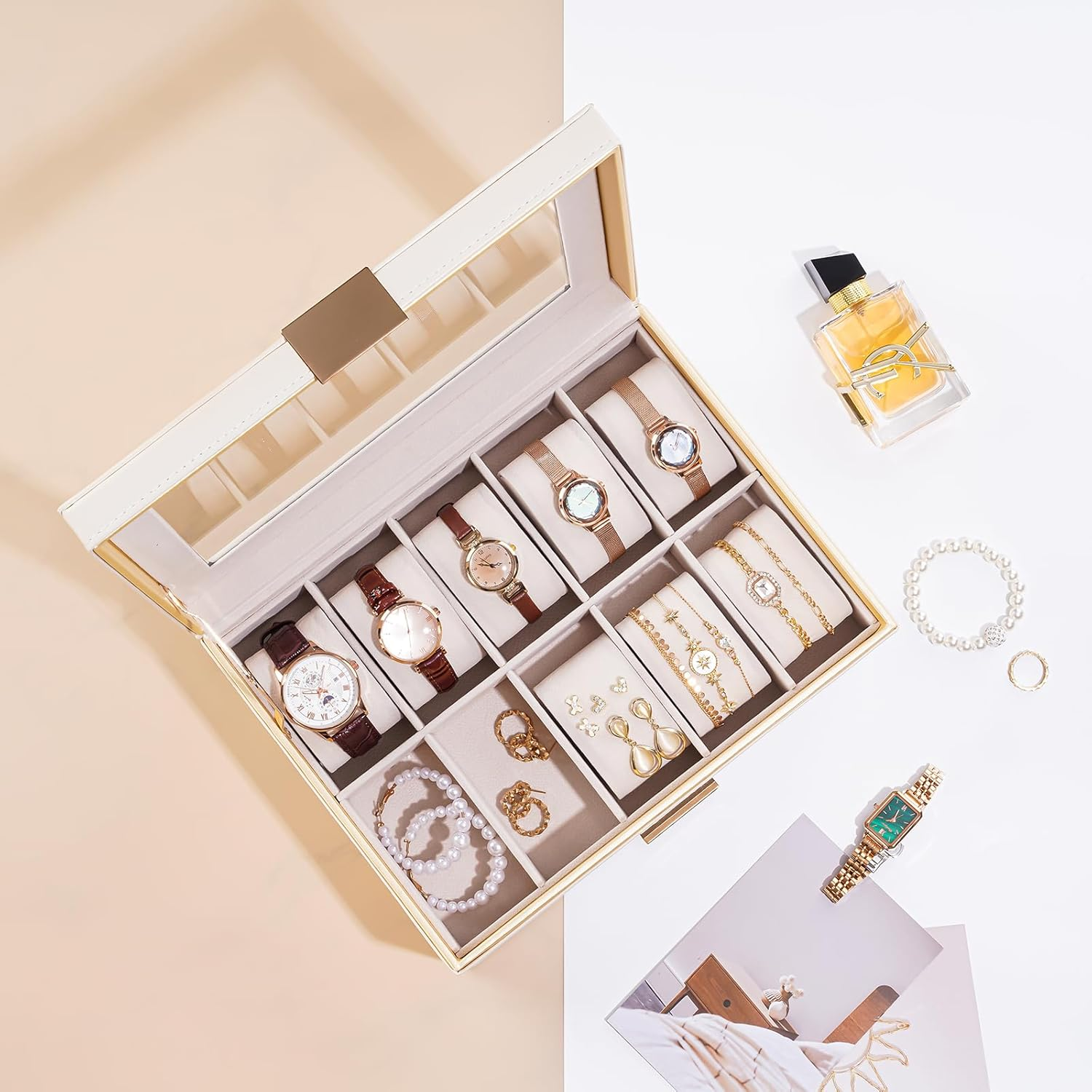 Procase Watch Case for Women, 10 Slot Watch Display Case with Drawer, 2-Layer Womens Watch Box, 10 Watch Box Organizer, Jewelry and Watch Holder Storage Case with Glass Lid -Beige image number 6