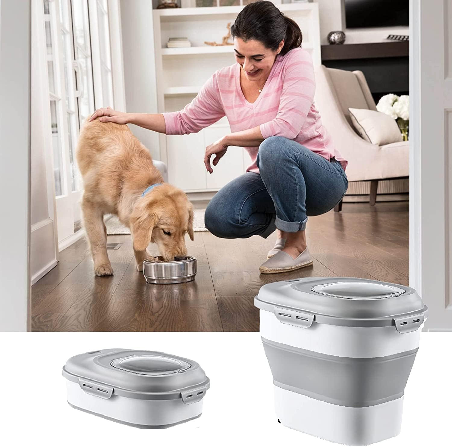 TOMVAES White Collapsible Dog Food Storage Container with Lids Locking Bowl Plastic Airtight Large Flour Sugar Kitchen Rice Leakproof Pantry Collapsible 23 Qt/30 Pound Lb/25L image number 3