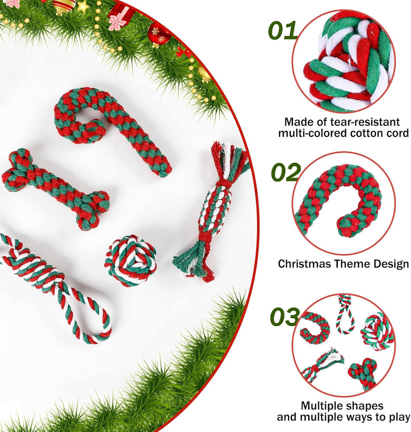 Pack of 6 Dog Toys Christmas, Gift Christmas Includes 5 Dog Toys Rope Natural Cotton & 1 Green Dog Bandana, Dog Chew Toy Christmas Dog Toy Candy Cane image number 4