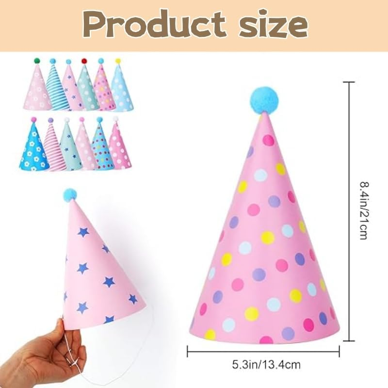 12 Pcs Party Hats Birthday Cone Hats DIY Party Hat with Pom Poms,Lovely Birthday Cake Cone Paper Hats Headbands Decoration DIY Activity Kit image number 2