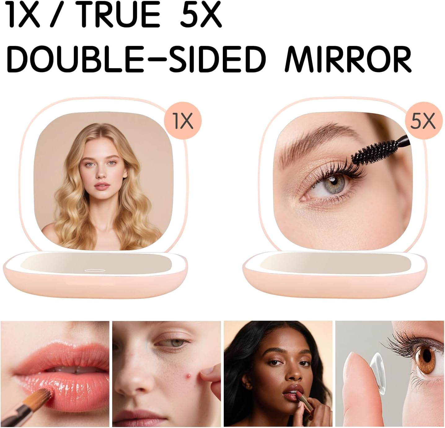 Comfycottage LED Lighted Travel Makeup Mirror Rechargeable USB Portable Compact Mirror with 5X Magnification, Double-Sided Touch Sensor, 3 Adjustable Modes, Handheld/Pocket Mirror for Women (Pink)