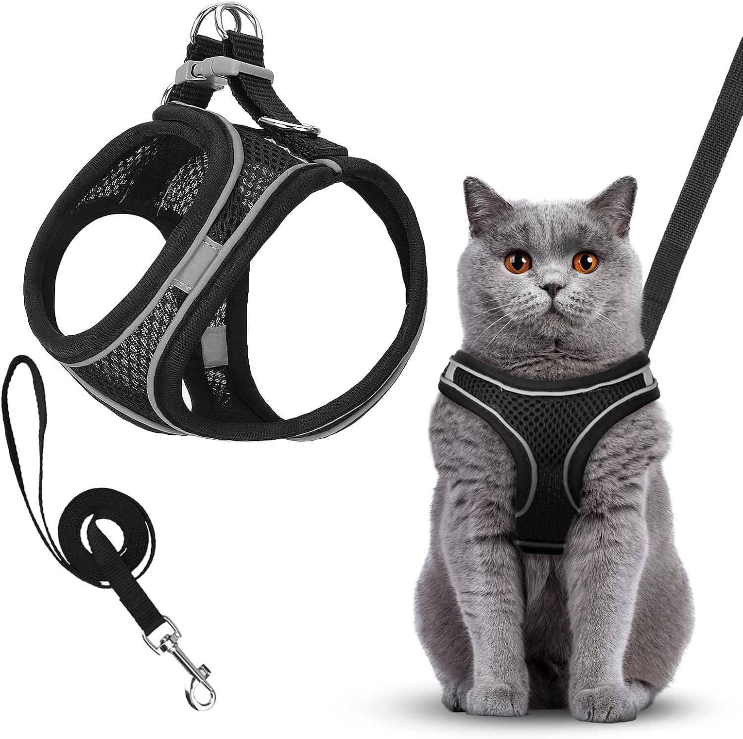 Breathable Cat Harness Set, Dogs Escape Proof Reflective Harness, Durable Adjustable Cat Harness with Lead, Cat Harness Escape Proof for Outdoor Walks (M, Black)