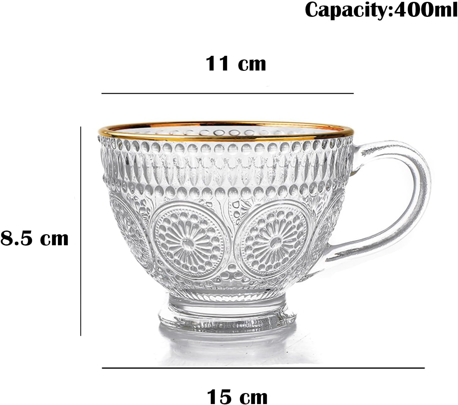 Blissora Large Embossed Tea Cup, Valentines Ribbed Coffee Mug Sets Pack of 2/4/6 for Cereal Cappuccino Dessert, Crystal Friend Mum Gift (Gold Rim, 4 Pack) - 4, Gold Rim image number 4