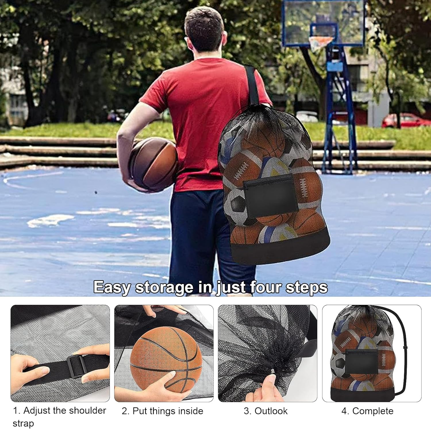 Ball Storage, Large-Capacity Ball Bag, Mesh Drawstring Football Storage Bag, Sports Equipment Bag with Shoulder Strap, with Slip Pocket, Can Be Used for Basketball, Football, Volleyball, 30*40 Inches image number 1