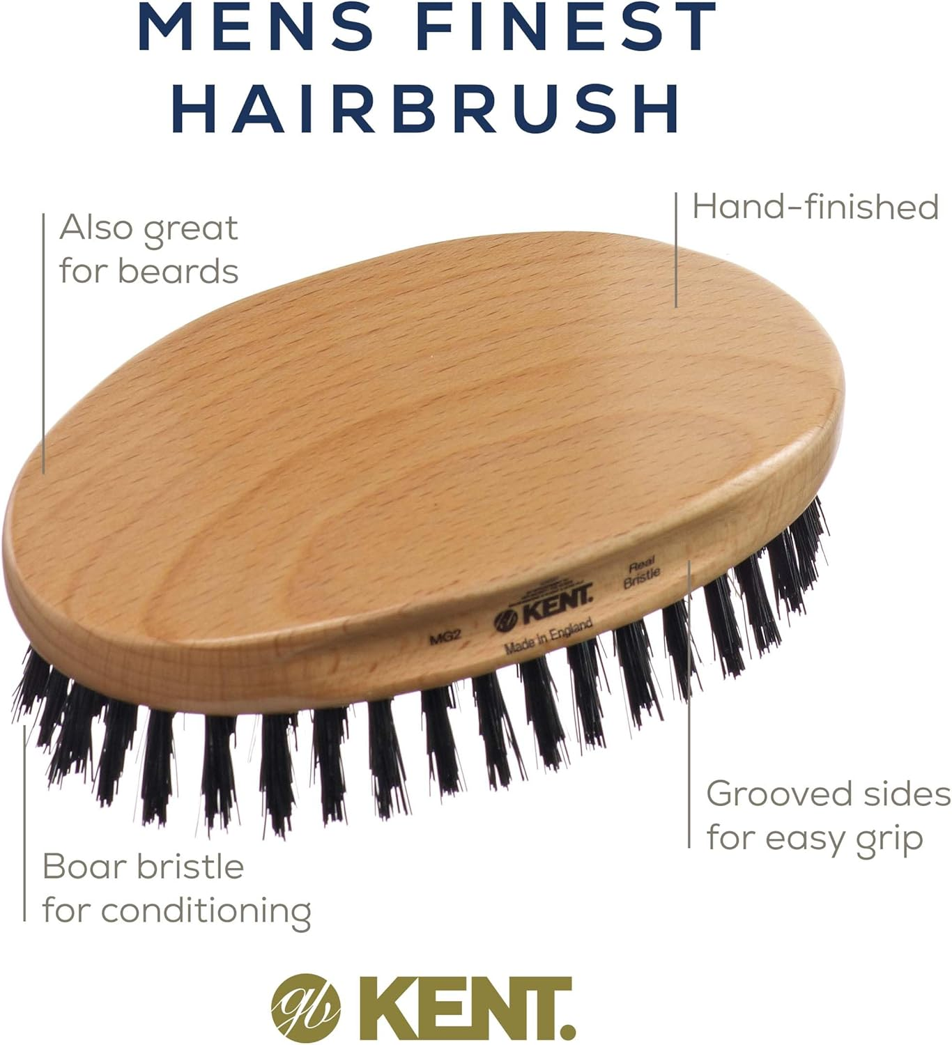Kent Oval Beechwood Pure Bristle Hair Brush, Black