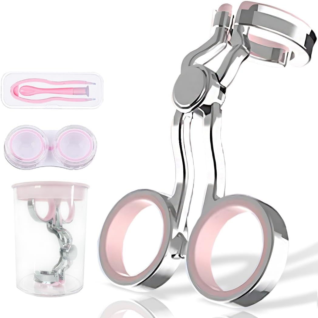 Igeyzoe Portable Contact Lens Eyelid Stretcher, Wearing Aid Tool with Insert/Remove Tool, Tweezers, Contact Lens Case (Pink)