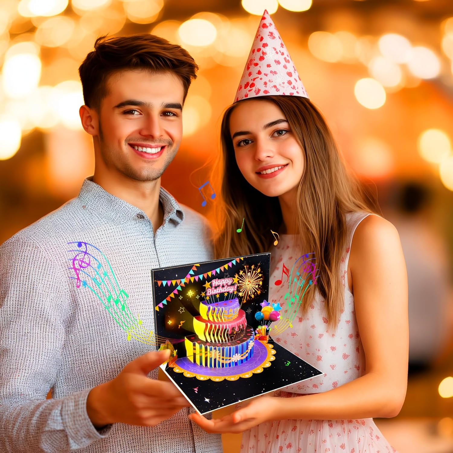 Musical 3D Birthday Cake Pop-Up Card with LED Lights and Music &ndash; Happy Birthday Card with Fireworks and Balloons &ndash; for Kids, Adults, Friends, and Family &ndash; Birthday Gift with Envelope and Notecard - Dinosaurs image number 3