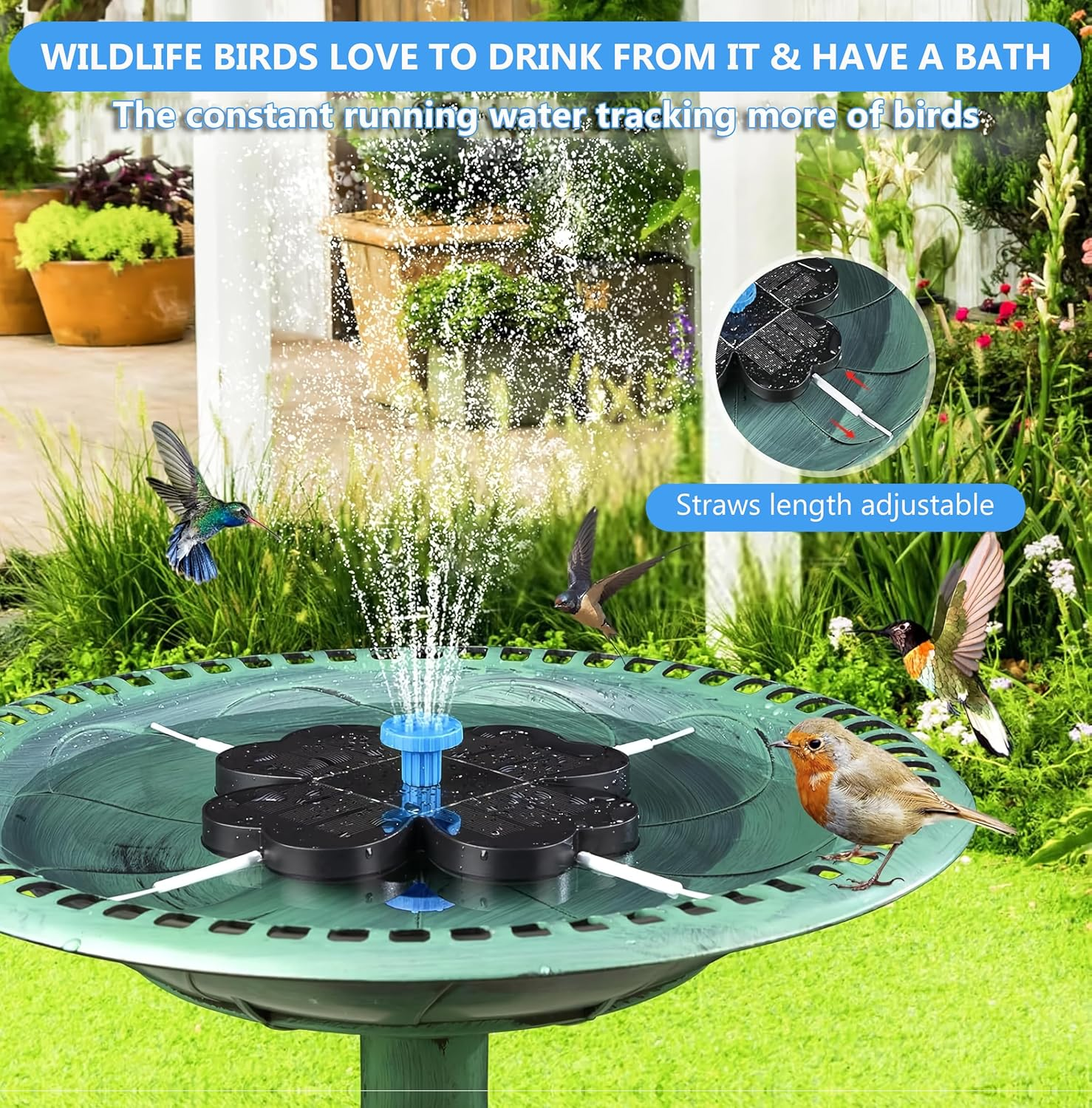 Reelau 3.5W Solar Fountain for Bird Bath, Clover Floating Solar Bird Bath Fountain with 7 Nozzles, 18CM Dia Bird Bath Solar Fountain Water Feature Floating Fountain for Garden, Patio, Pond image number 3