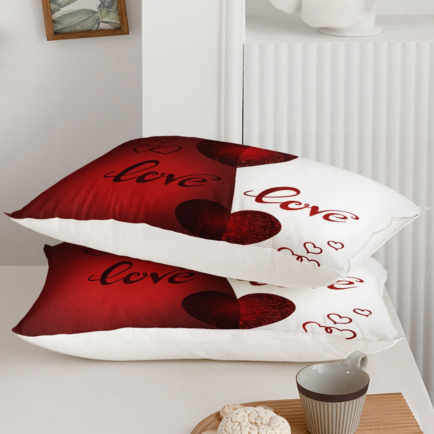 AILONEN Red Hearts Duvet Cover Set Full Size, Red and White Love Bedding Set,Romantic Valentine Comforter Cover Set,Couple Hearts Love Duvet Cover Set 3 Pieces, 1 Quilt Cover and 2 Pillowcases image number 6