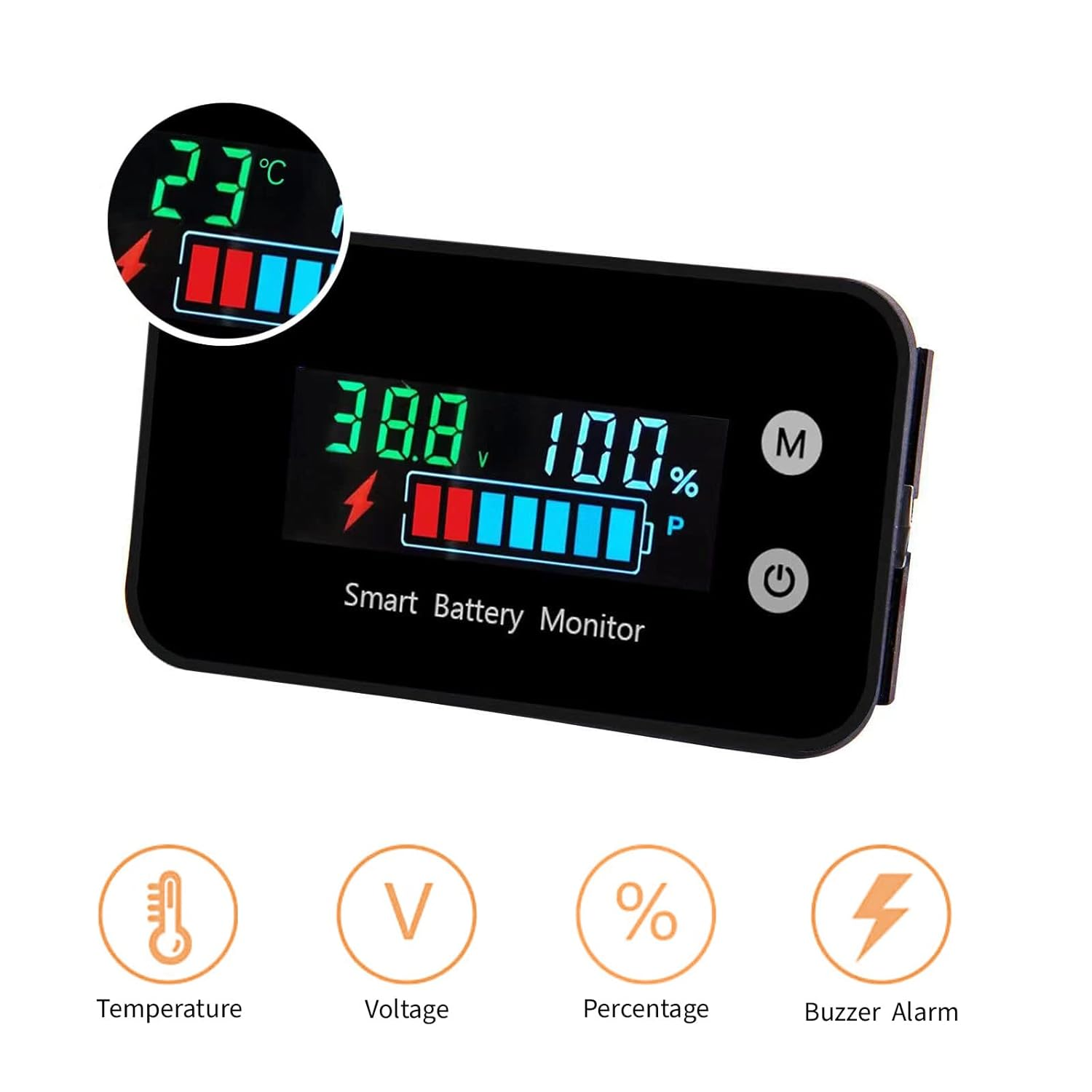 Upgrade IPX7 Waterproof Battery Monitor, 12V 24V 36V 48V 60V 72V Digital Display Battery Capacity Tester with Buzzer Alarm and Temperature for Car, Golf Cart, RV, Boat