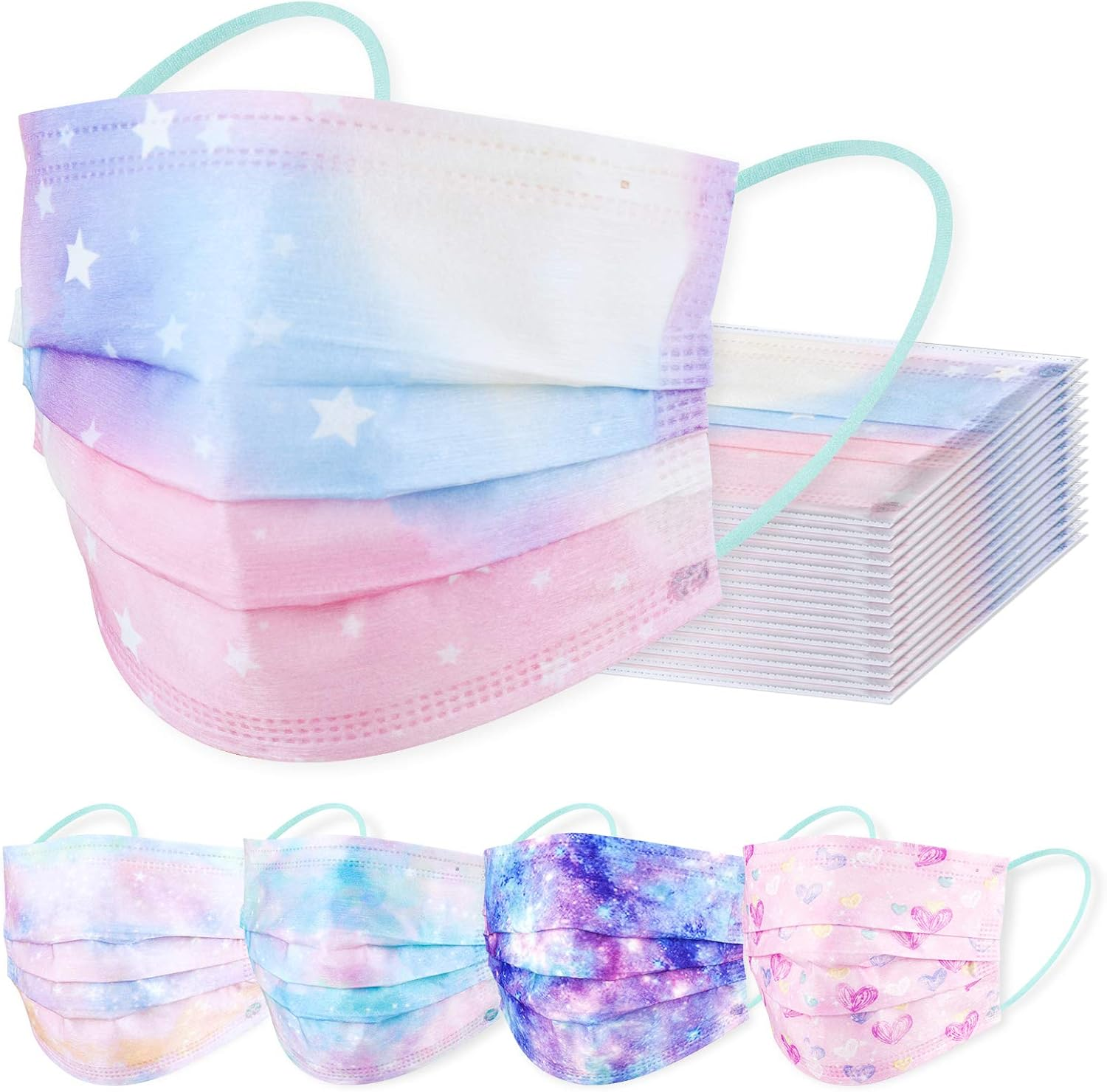 60PCS Kids' Disposable Protective Face Masks for Girls Fantasy Universe Magic Rainbow Mesh Princess Gradient Colors Star Heart Pattern Individually Wrapped Skin-Friendly 3-Layer Filter Comfortable Fit image number 4