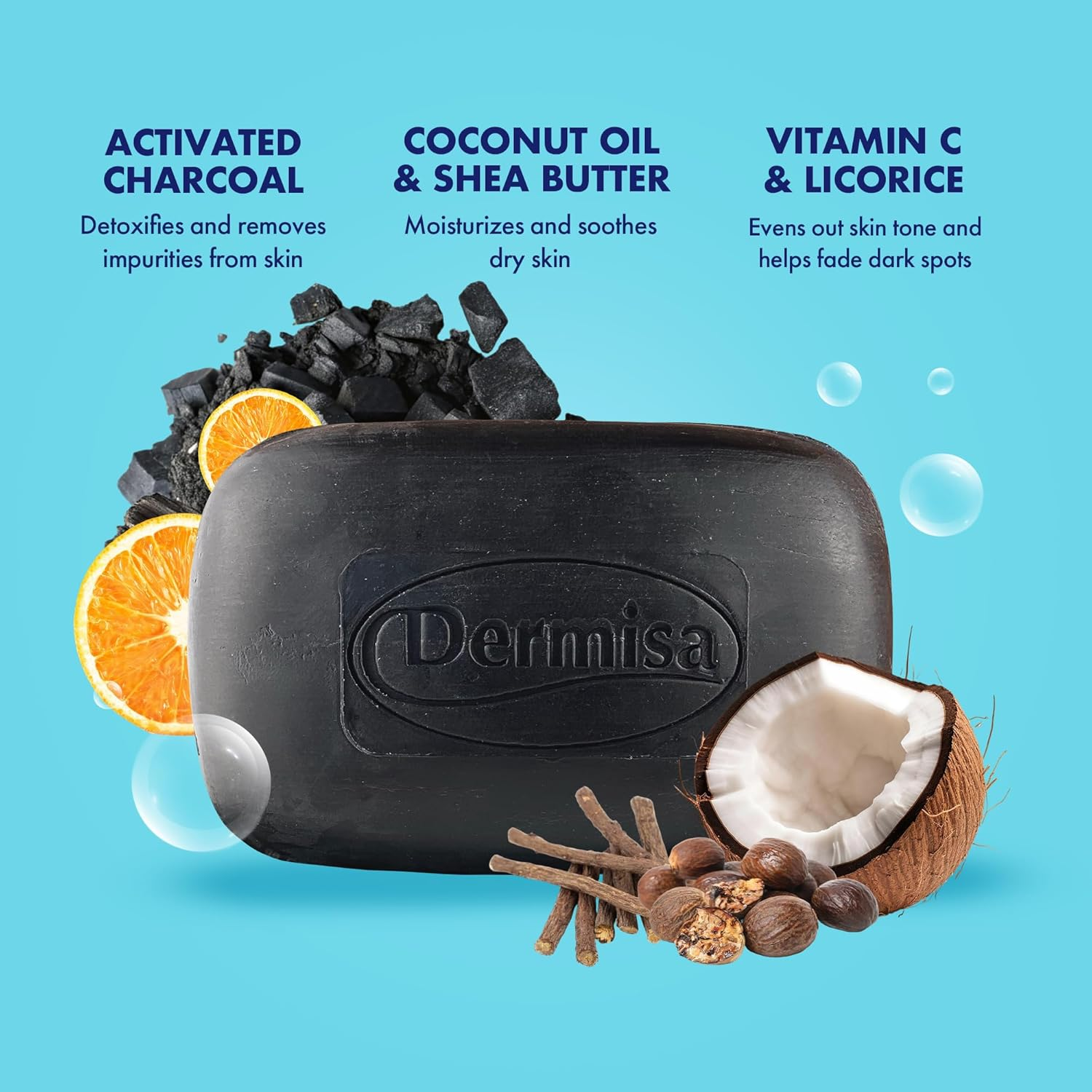 Dermisa Charcoal Bar | Natural Gentle Cleansing Bar | Contains Activated Charcoal, Coconut Oil, Shea Butter, Vitamin C & Licorice | NO PARABENS, NO SULFATES, 100% VEGETABLE BASE | 3 OZ | Pack of 3 image number 1