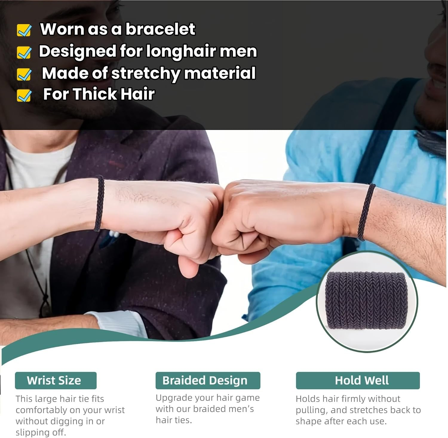 Braided Hair Ties for Men and Women,Black Hair Bands,Large for Wrist,Pony Tail Hair Tie,12Pcs Guy Boy Girls image number 5