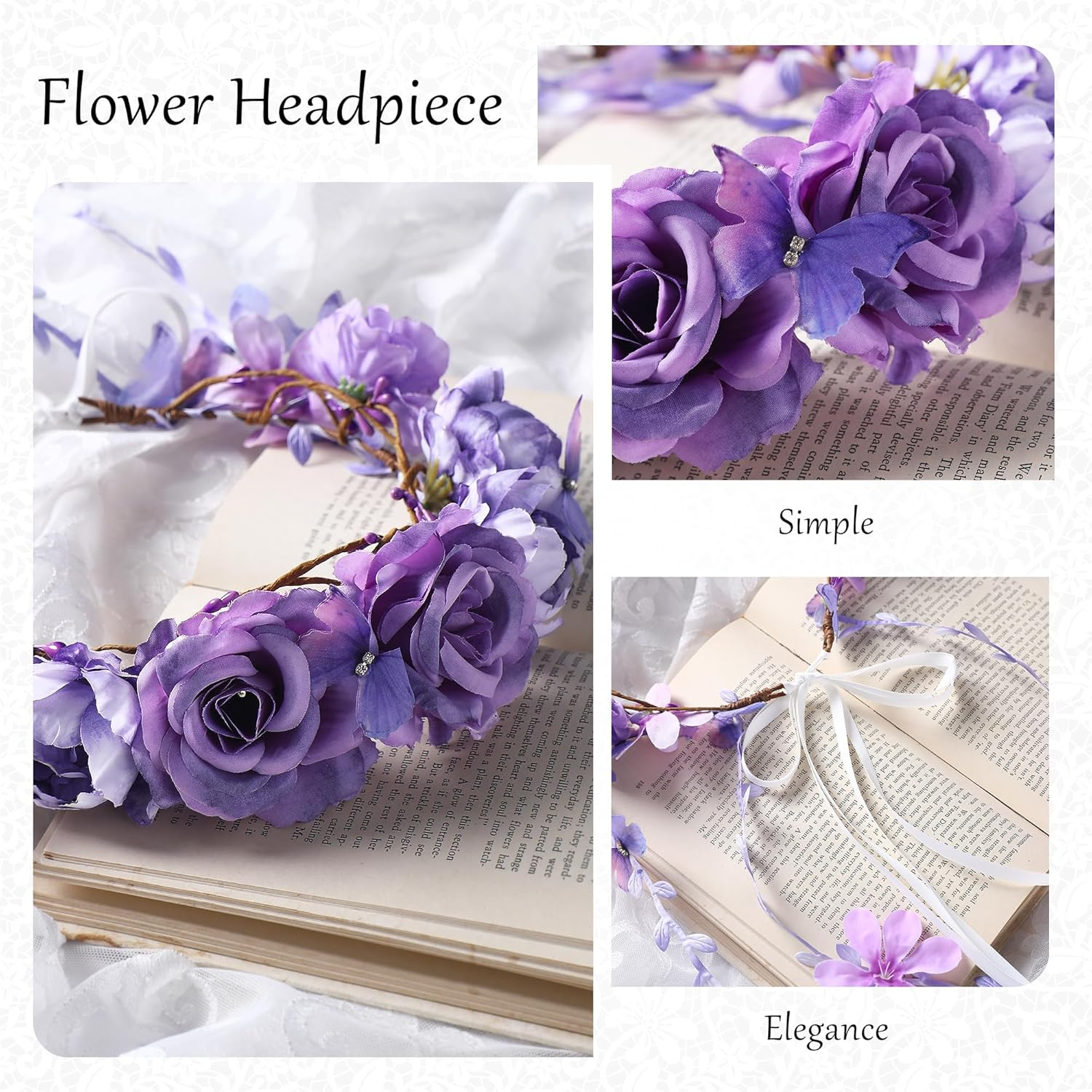 Partyforu Flower Headband for Women Purple Floral Headpiece with Butterfly Flower Crown Vine Fairy Crown for Wedding Party Bridal Shower Renaissance image number 4