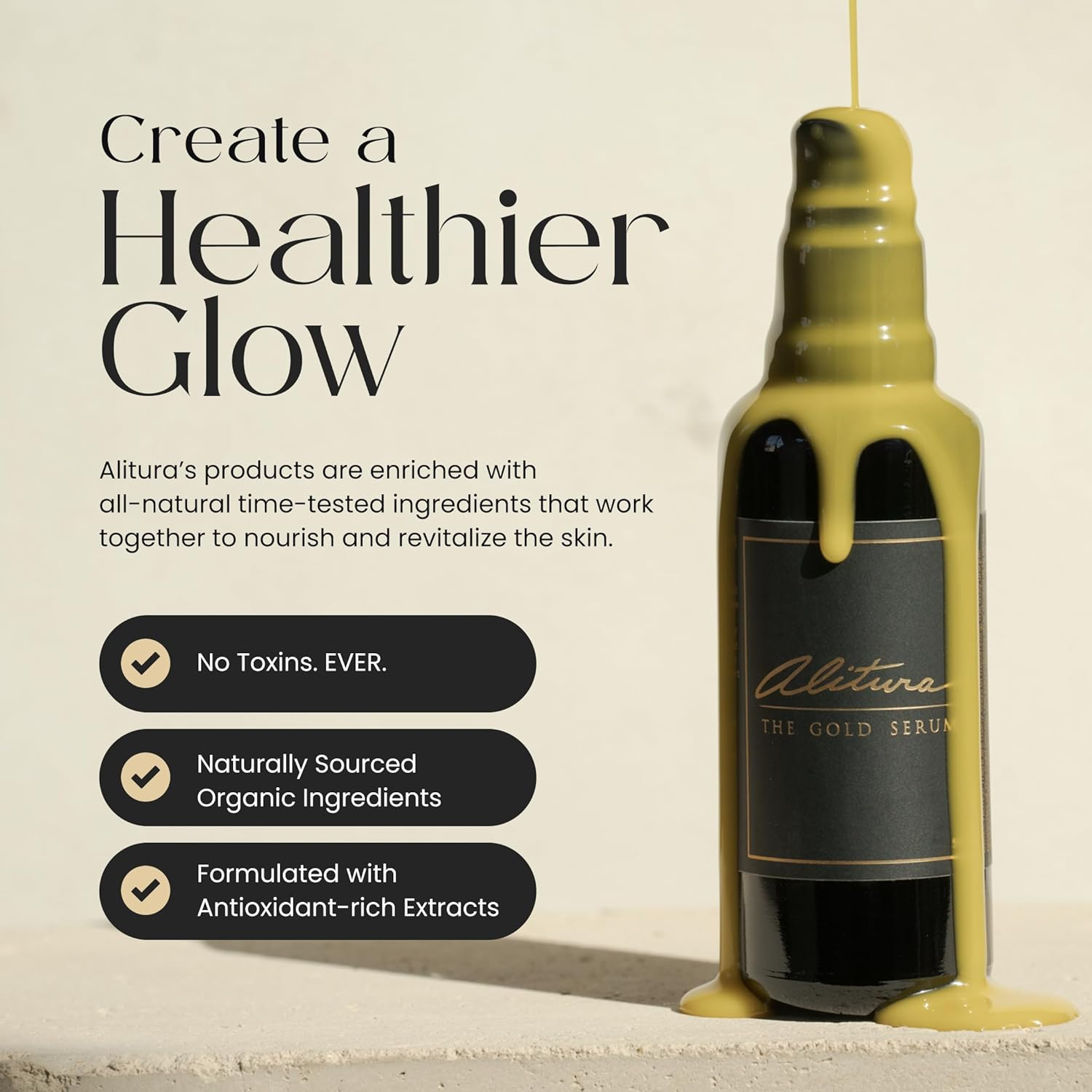 Alitura Naturals New Gold Serum for Face and Skin with Collagen - the Best All Natural & Organic Anti-Ageing Retinol Moisturiser Cream with Hyaluronic Acid for All Skin Types- 50Ml image number 2