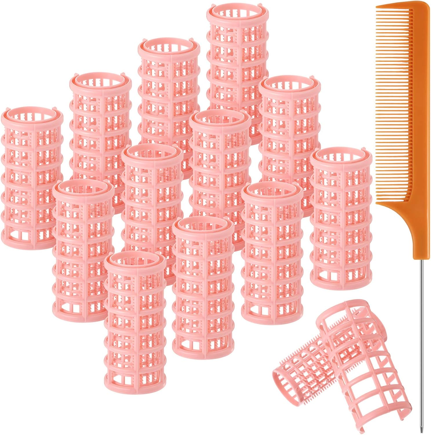 Syhood 12 Pieces Snap Hair Roller, Large Size Plastic Hair Rollers Curlers with Rat Tail Comb for Hairdressing Styling Tools(6.8 X 3 Cm,Peach Color)