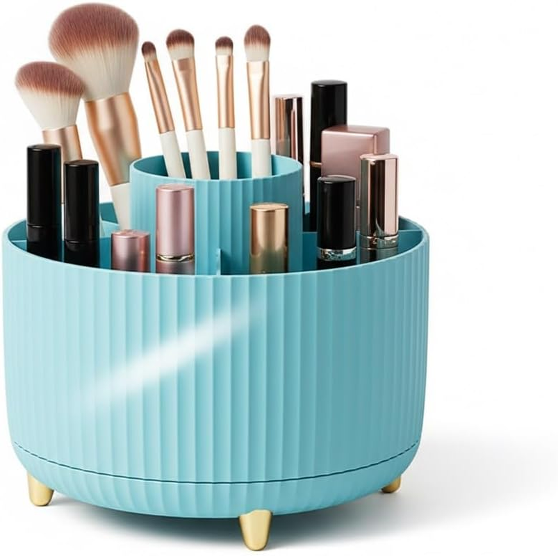 Spinning Makeup Brush Holder, 360&deg; Rotating Makeup Brush Organizer with 5 Slots, Large Capacity Cosmetic Storage Cup for Makeup Brushes, Lipsticks, Nail Polish, Bathroom Vanity Organizer(Blue) image number 1