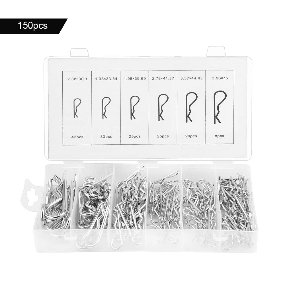 Plated Hitch Pin Fastening Pin Set, 150Pcs R Cotter Pin Tractor Pin Clip Assortment Fastener Set 6 Different Sizes with Plastic Box for Tow Tractor Light Truck Lawn Mower image number 4