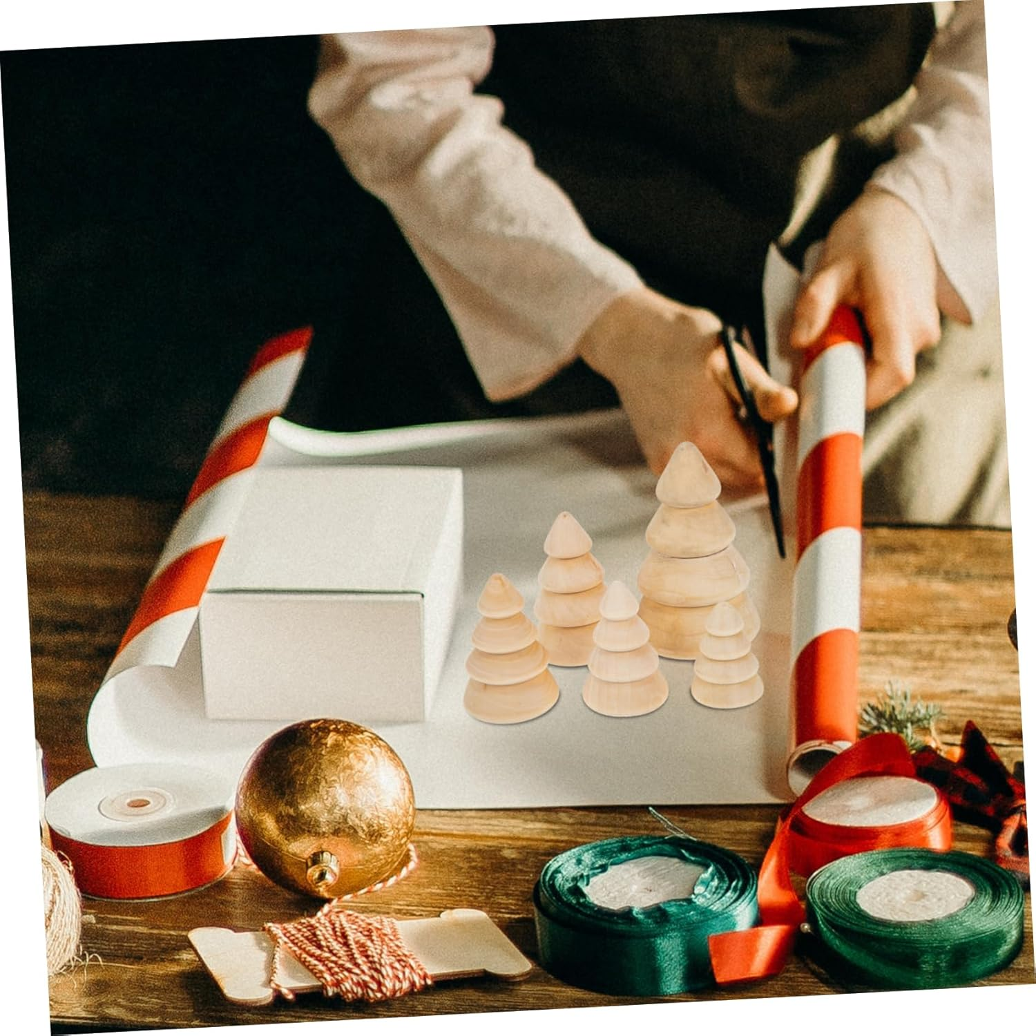 Wood Christmas Tree Ornament Set 5Pcs DIY Large Natural Wood Xmas Tree Decor for Home Festival Decoration image number 1