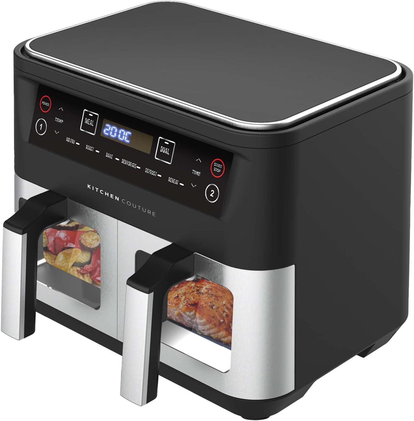 Kitchen Couture Dual Draw 10 Litre (2 X 5 Litre) Stainless Steel Air Fryer - Dual Cooking Zones, LED Display, Rapid Air Circulation, 1600W Black Silver