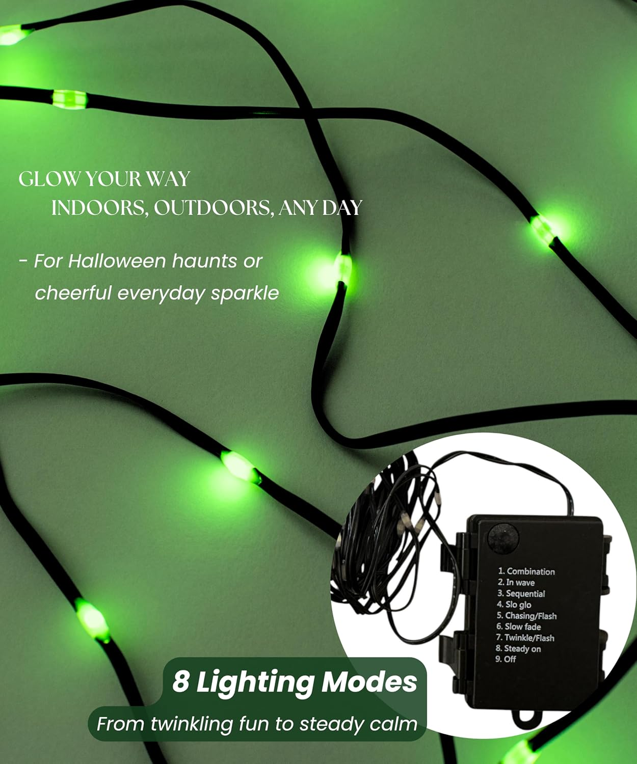 Meletē LED Fairy Lights &ndash; 5M (17Ft), 50 Leds, Battery Powered, Green Colour, 8 Lighting Modes &ndash; Copper Wire String Lights for Indoor and Outdoor Use, Decorations for Halloween, Christmas, Parties