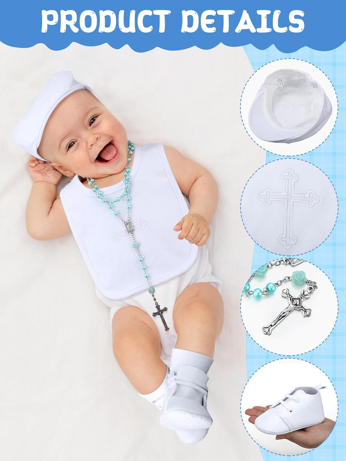 5 Pcs Baptism Gifts for Baby Boys Include White Embroidered Cross Bib Christening Socks Shoes Baptism Hat and Rosary Christening Outfits for Boys Toddler Infant First Communion Gift, White image number 4
