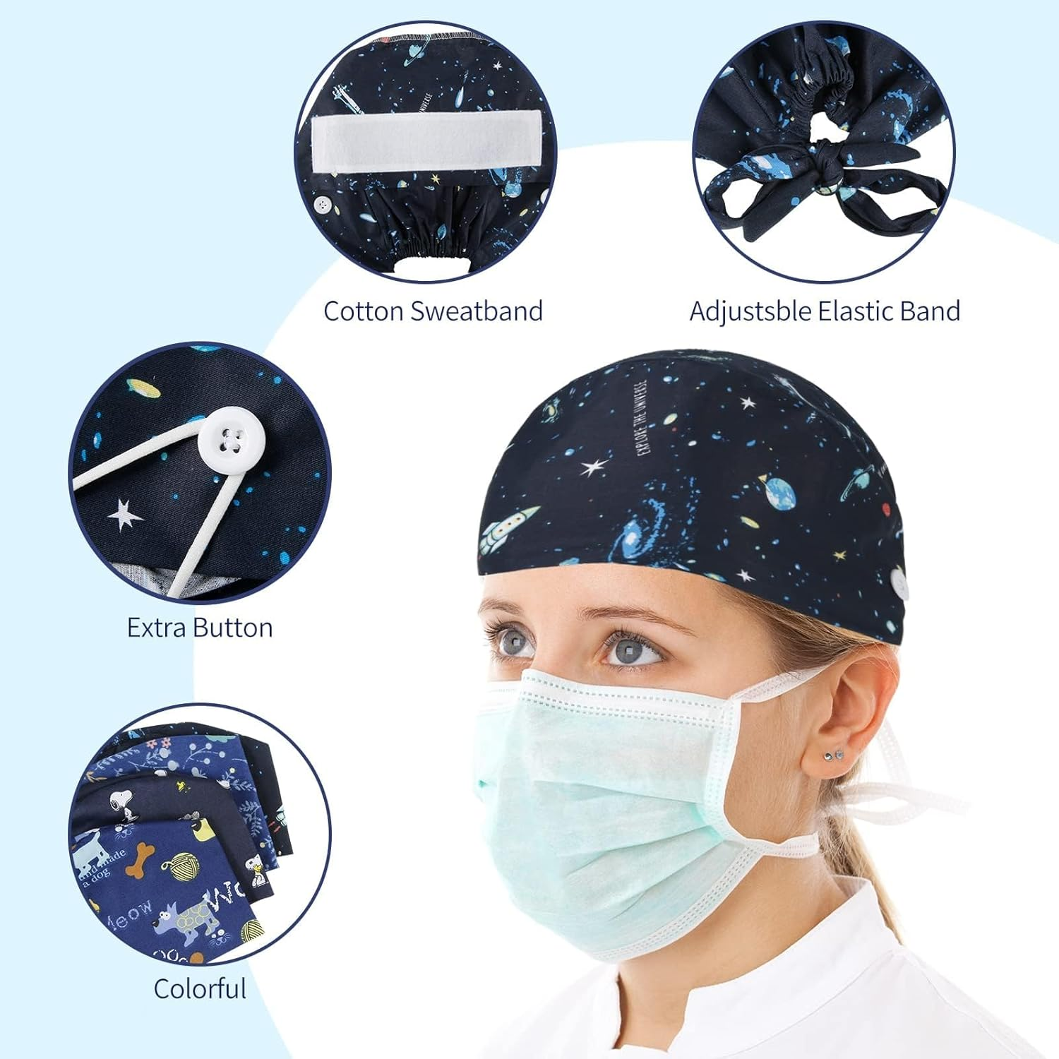 6Pcs Working Caps with Button and Sweatband, Adjustable Working Hats, Turban Cap, Printed Soft Cotton Hood for Women and Men - A image number 2